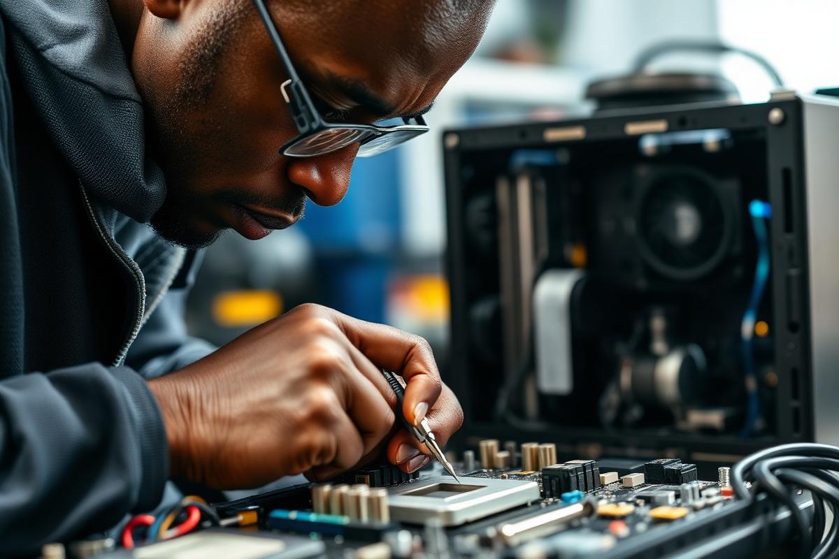 Technician repairing motherboard